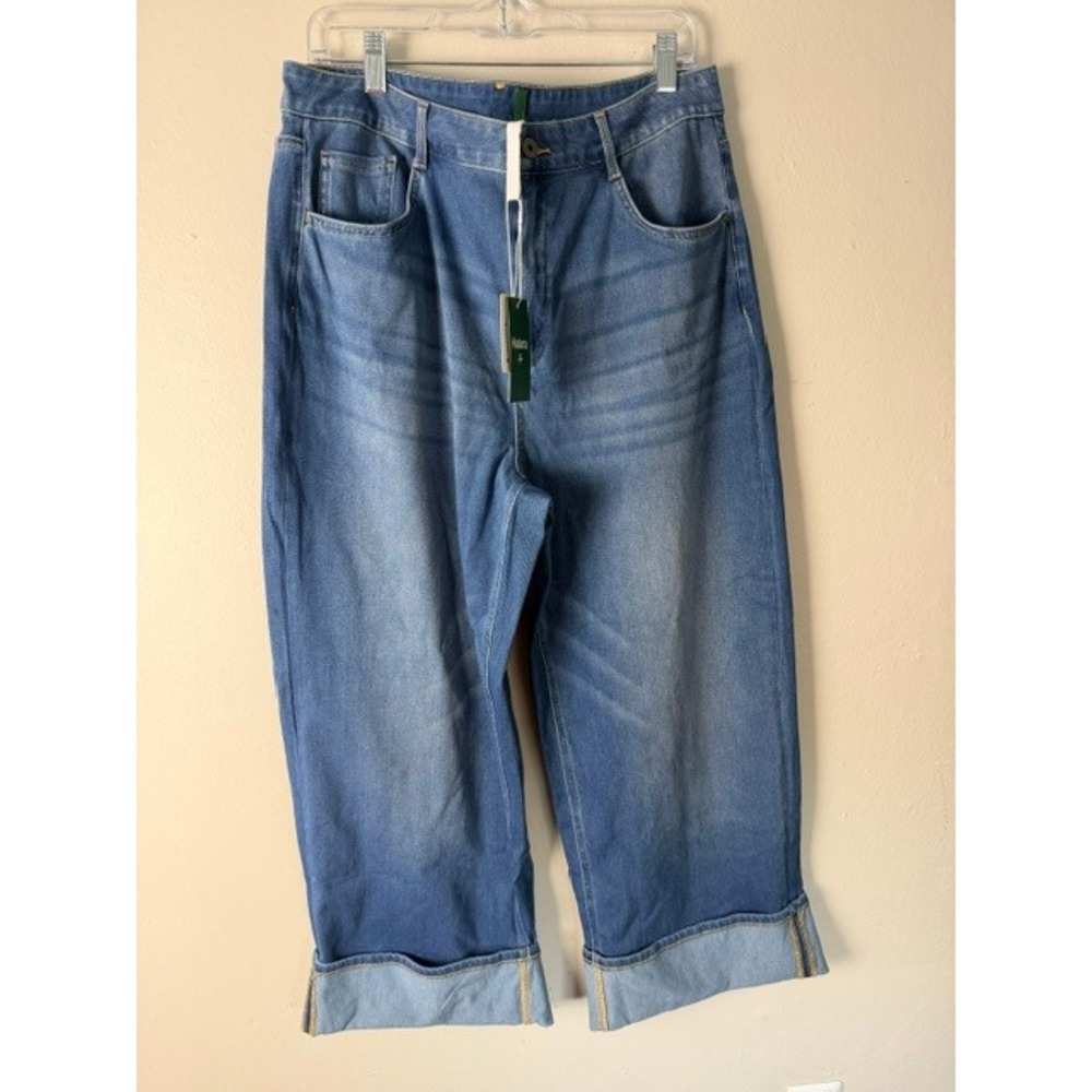 Halara Flex Denim Wide Leg Cropped Jeans Medium Wash Blue Cuffed XL NWT
